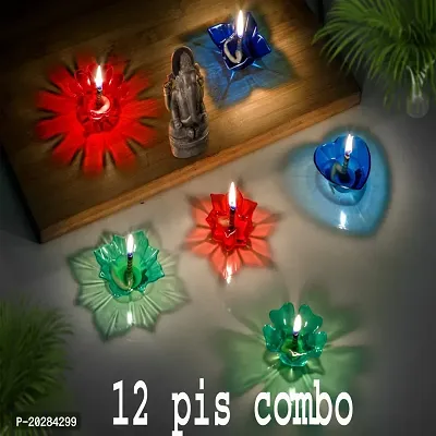 Multicolor 3D Reflection Reusable Designer Diwali Oil Diya Combo Made with High Quality Transparent Plastic for Dipawali And Home Decoration (12 Pcs Diya With 12 Pcs Wick And Holder)-thumb3