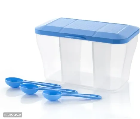Multipurpose Plastic 3 In 1 Masala Box for Kitchen, Transparent Pickle Box, 3 Compartment Storage Container Airtight For Cereal, Dry Fruits Dabba With Spoon-Blue(1 Pcs)-thumb3