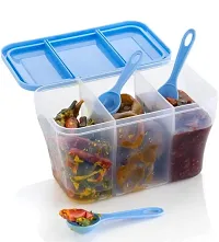 Multipurpose Plastic 3 In 1 Masala Box for Kitchen, Transparent Pickle Box, 3 Compartment Storage Container Airtight For Cereal, Dry Fruits Dabba With Spoon-Blue(1 Pcs)-thumb1