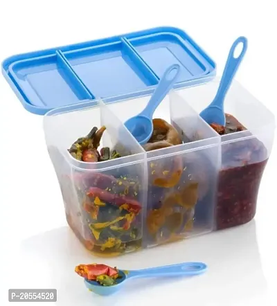 Multipurpose Plastic 3 In 1 Masala Box for Kitchen, Transparent Pickle Box, 3 Compartment Storage Container Airtight For Cereal, Dry Fruits Dabba With Spoon-Blue(1 Pcs)-thumb2