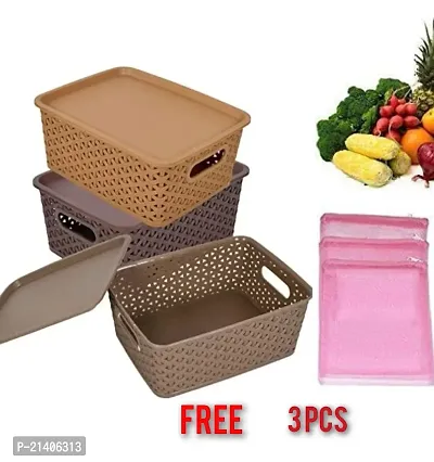 Plastic Basket  for Books, Magazines, Small Blankets, Toys, Crafts, Baby Clothes, Seasonal Holiday Ornaments, DVDs, Cosmetics, Toiletries-Multcolori(Pack Of 3)  And Free Vegetable Storage  Bag(3 Pcs)