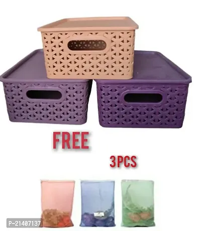 Multicolor Plastic Storage Boxes Keeps Items Organized and Tidy High Quality Finished Storage Container for Toys, Vegetables, Fruits, Clothes-(3 Pcs) And Free Vegetable Storage Bag(3 Pcs)