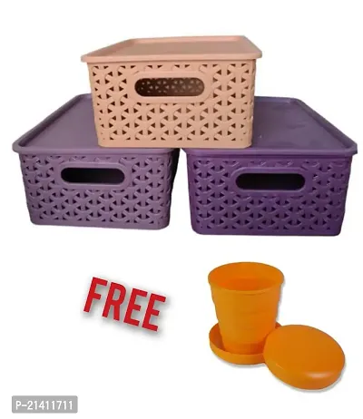 Plastic 3 Pcs Storage Basket For Travel Sized Items, Q-tips, Cotton Balls, Mail, Accessories, Office Supplies, Socks, Tie, Home, Office-Multicolor(3 Pcs) And Free Foldable Travelling Glass(1 Pcs)