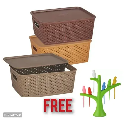 Plastic Basket Perfect Storage Solution For Bedrooms, Bathrooms, Office, Kitchen, Cupboard, Utility Rooms(Multicolor 3 Pcs) And Free Decorative Bird Fork For Fruit(1 Set)