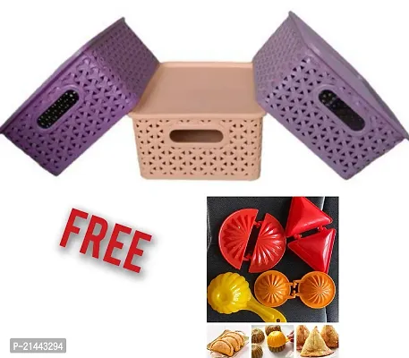 Multicolor Plastic Storage Boxes For Organized and Tidy High Quality Finished Storage Container for Toys, Vegetables, Fruits, Clothes-(3 Pcs) And Samosa, Laddu, Ghughara, Kachori Mold For Kitchen(4 Pc
