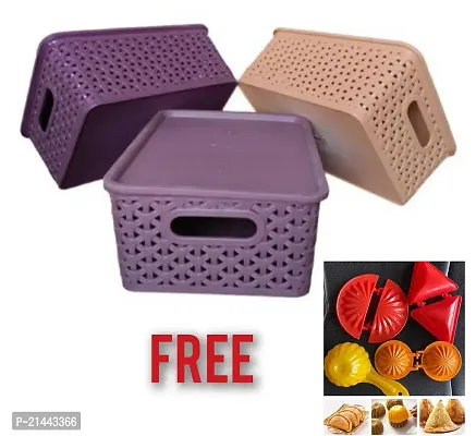 Plastic Storage Baskets Organizer For Cosmetics, Clothing, Toys, Snacks, and all Kinds of Everyday Items-Multicolor(3 Pcs) And Samosa, Laddu, Ghughara,Kachori Mold For Kitchen(4 Pcs)