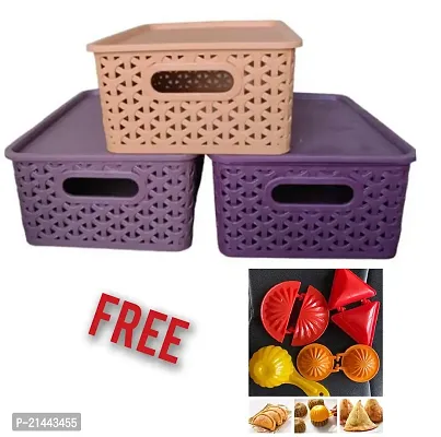 Plastic Basket Perfect Storage Solution For Bedrooms, Bathrooms, Office, Kitchen, Cupboard, Utility Rooms(Multicolor 3 Pcs) And Samosa, Laddu, Ghughara,Kachori Mold For Kitchen(4 Pcs)