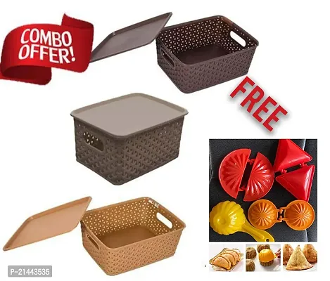 Plastic 3 Pcs Storage Basket For Travel Sized Items, Q-tips, Cotton Balls, Mail, Office Supplies, Socks, Tie, Home, Office-Multicolor And Samosa, Laddu, Ghughara,Kachori Mold For Kitchen(4 Pcs)