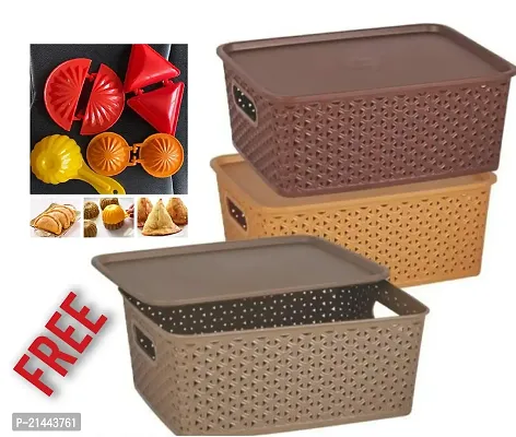Plastic Storage Basket Multipurpose Colourful for Kitchen  Home Organizer Box for Wardrobe, Fruits Vegetables, Toys, Stationary -Multicolor(3 Pcs) And Samosa, Laddu, Ghughara,Kachori Mold (4 Pcs)