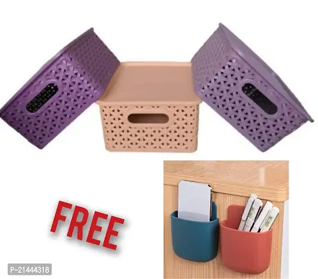 Plastic Storage Basket  for Kitchen  Home Organizer Box for Wardrobe, Fruits Vegetables, Toys, Stationary Item Multicolor(3 Pcs) And Free And Self-Adhesive Mobile Holder Key for Wall(2 Pcs)