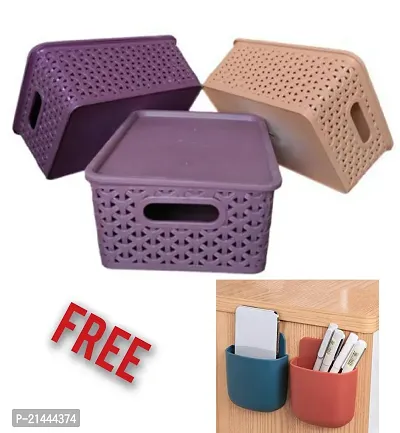 Multipurpose Storage Basket for Family Room, Kid's Room, Kitchen, Laundry Area, Bathroom, Bedroom, Home, Office-Multicolor(3 Pcs) And Free Self-Adhesive Mobile Holder for Wall(2 Pcs)-thumb0