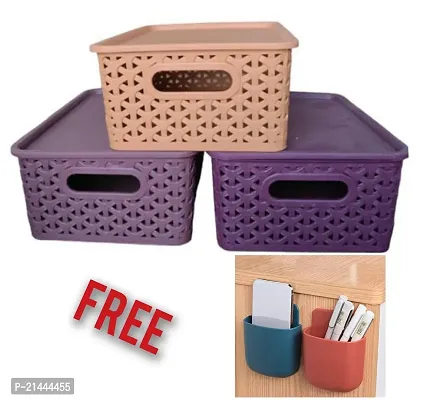 Plastic 3 Pcs Storage Basket For Travel Sized Items, Q-tips, Cotton Balls, Mail, Accessories, Office Supplies, Socks, Tie, Home, Office-Multicolor And Free Self-Adhesive Mobile Holder for Wall(2 Pcs)