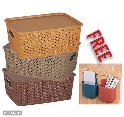 Plastic Storage Baskets Organizer For Cosmetics, Clothing, Toys, Snacks, and all Kinds of Everyday Items-Multicolor(3 Pcs) And Free Self-Adhesive Mobile Holder for Wall(2 Pcs)