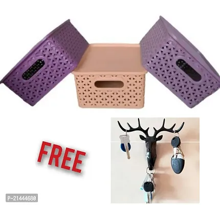 Plastic Storage Baskets Organizer For Cosmetics, Clothing, Toys, Snacks, and all Kinds of Everyday Items-Multicolor(3 Pcs) And Self-Adhesive Deer Head Key Holder for Wall(1 Pcs)