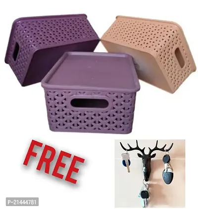 Plastic Basket Perfect Storage Solution For Bedrooms, Bathrooms, Office, Kitchen, Cupboard, Utility Rooms(Multicolor 3 Pcs) And Self-Adhesive Deer Head Key Holder for Wall(1 Pcs)
