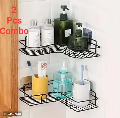 Combo Pack Self-Adhesive Metal Bathroom Corner Rack Storage Shelves, Bathroom Storage Rack Corner, Bathroom Corner Shelf (Black, (Pack of 2)-thumb0