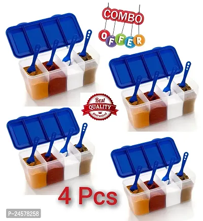 Combo Pack Plastic 4 in 1 Multipurpose 4 Section Kitchen Fridge Storage Airtight Container Set for Vegetables Dry Fruits Spices Groceries and Pickles with 4 Spoons Storage Set -Blue(4 Pcs)