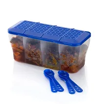 Combo Pack Plastic 4 in 1 Multipurpose 4 Section Kitchen Fridge Storage Airtight Container Set for Vegetables Dry Fruits Spices Groceries and Pickles with 4 Spoons Storage Set -Blue(4 Pcs)-thumb1