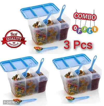 Combo Pack Multipurpose Plastic 3 In 1 Masala Box for Kitchen, Transparent Pickle Box 3 Compartment Storage Container Airtight For Cereal Dry Fruits Dabba With Spoon-Blue(3 Pcs)