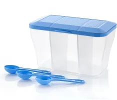 Combo Pack Multipurpose Plastic 3 In 1 Masala Box for Kitchen, Transparent Pickle Box 3 Compartment Storage Container Airtight For Cereal Dry Fruits Dabba With Spoon-Blue(3 Pcs)-thumb3