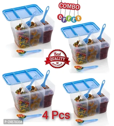 Combo pack Plastic Pickle Container 3 Section Jar For Kitchen Multiuse Masala Box with Spoon-Blue(4 Pcs)