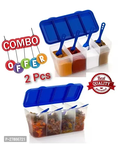 Combo Pack High Quality Plastic Airtight Stackable Space Saver 4 Section Container with 4 Spoon For Kitchen, Home-Blue(2 Pcs)