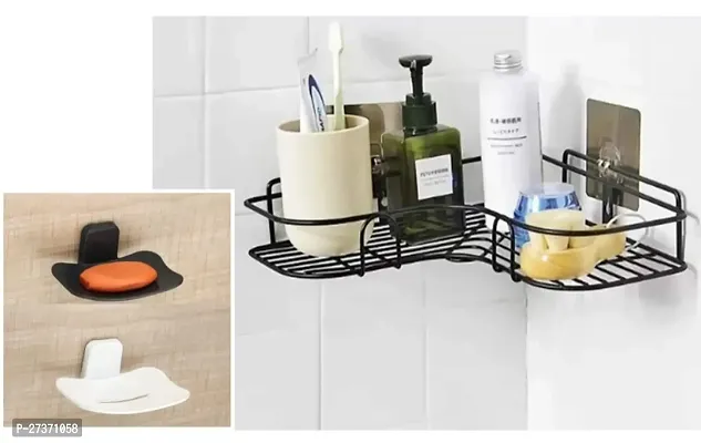 Combo Pack Wall Mounted Self-Adhesive Rack Self(Black 1 Pcs) And ABS Soap Holder(2 Pcs) for Bathroom, Kitchen-thumb0