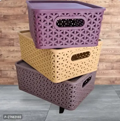 Multipurpose Plastic Baskets Home/Kitchen Storage Basket Pack of 3 Baskets with 3 Lids