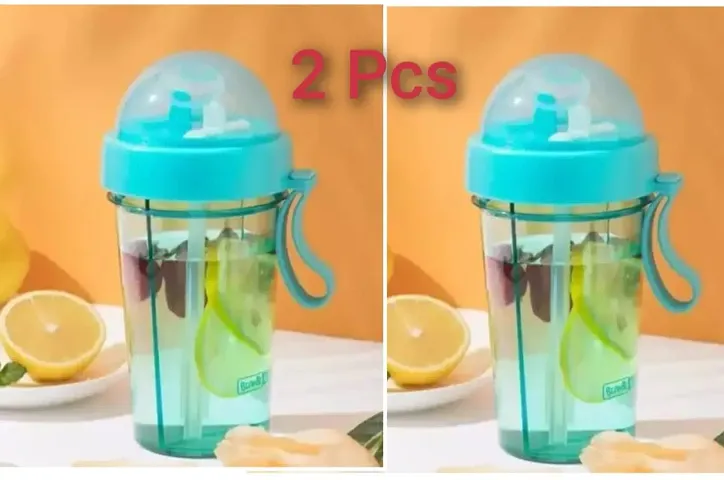 Plastic Bottle Comes With Double Straw  400 ml (2 Pcs)