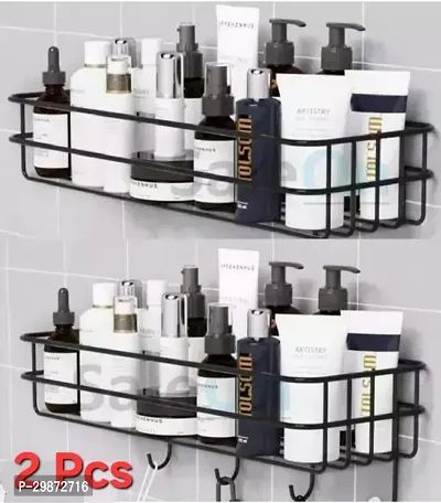 Combo Pack Self-Adhesive Bathroom Shelf for Wall with Hooks (2 Pcs)-thumb0