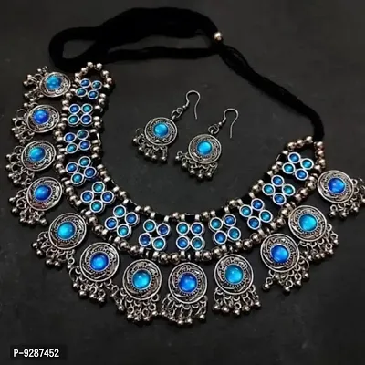 Fashion Oxidize Blue Stone Choker with Earring For Girls  Women-thumb0