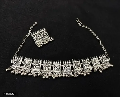 Fashion Oxidize Handmade Silver Color Ethnic Choker Necklace with Earring for Girls  Women