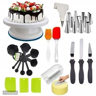 Wishku Cake Tools Round Easy Rotate Turntable and  8 Pcs Black Measuring Cups 3 pc Knife Set and High Quality Cake Smoother Kitchen Tool Set Multicolor