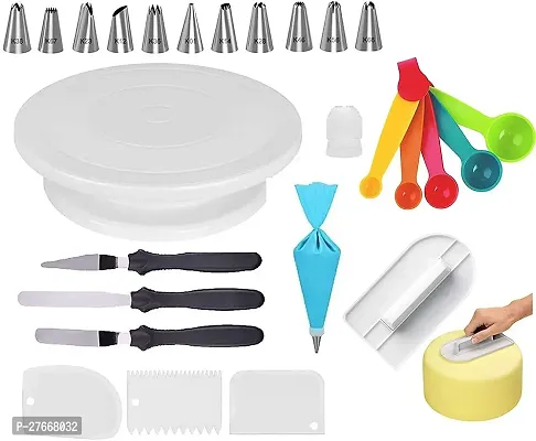 Wishku Combo of Cake Making Turn Table and 12 Piece Cake Decorating Nozzle Set Kitchen Tool Set Multicolor