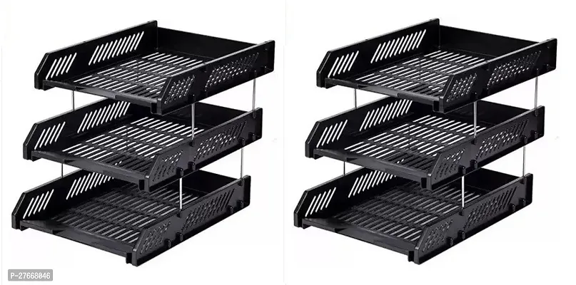 Wishku 3 Compartments plastic file rack Black Pack Of 2-thumb0