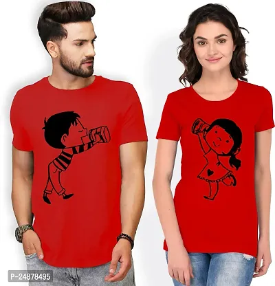 Elegant Red Cotton  Tshirt For Couple
