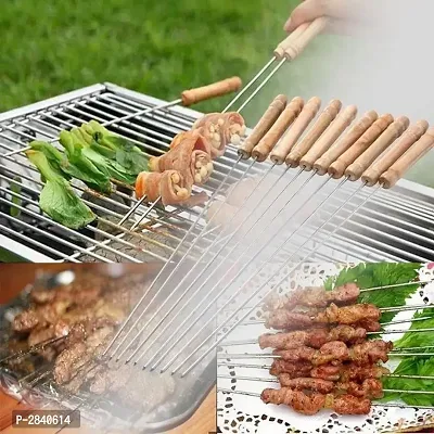 Steel  Wooden Handle Barbecue Bbq Skewers - Pack Of 10-thumb3