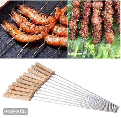Barbecue Skewers for BBQ Tandoor and Grill, Tandoori BBQ Stick, Indoor/Outdoor BBQ Stick, Stainless Steel Stick with Wooden Handle (10pcs)-thumb0