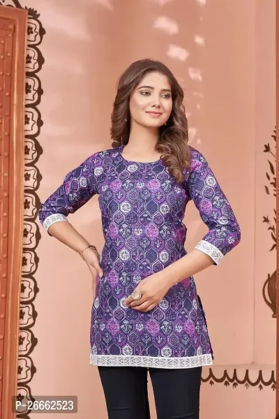 Rich Liner Women Digital Printed Cotton Bland Fabric Short Kurti Tunic Top (Large, Purple)-thumb3