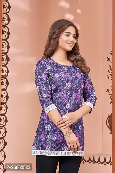 Rich Liner Women Digital Printed Cotton Bland Fabric Short Kurti Tunic Top (Large, Purple)-thumb5