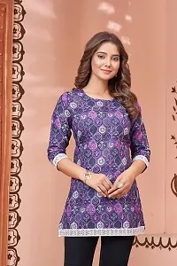 Rich Liner Women Digital Printed Cotton Bland Fabric Short Kurti Tunic Top (Large, Purple)-thumb1