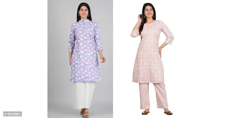 Printed and Stylish Comfortable Kurta and bottom set Purple and Peach Color Pack of 2-thumb0