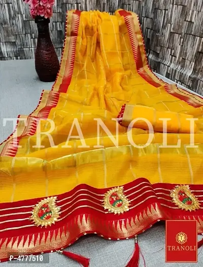 Tranoli Panetar Kota Cotton Blend Gota Work Saree with Lace Border and Blouse piece-thumb0