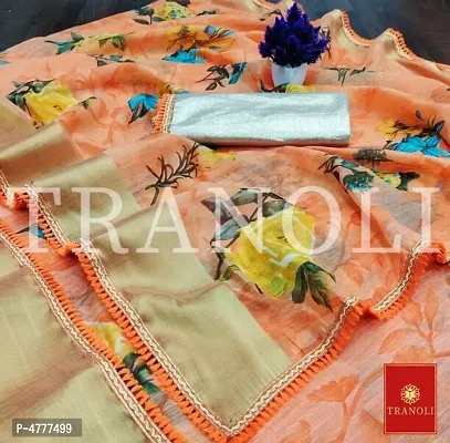 Tranoli Linen Floral Printed Zari Woven Tassel Lace Border Saree with Blouse piece-thumb0