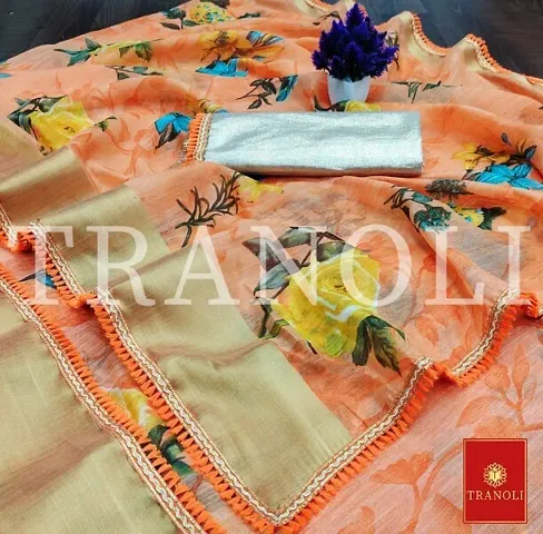 Tranoli Linen Floral Zari Woven Tassel Lace Border Saree with Blouse piece