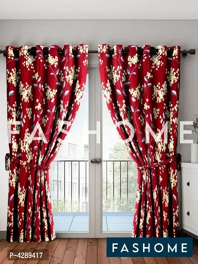 FasHome Maroon Printed Polyester Eyelet Fitting Door Curtain - 7 Feet (Pack of 2)
