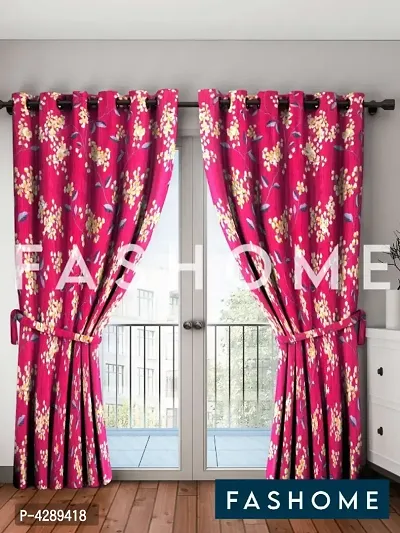 FasHome Pink Printed Polyester Eyelet Fitting Door Curtain - 7 Feet (Pack of 2)
