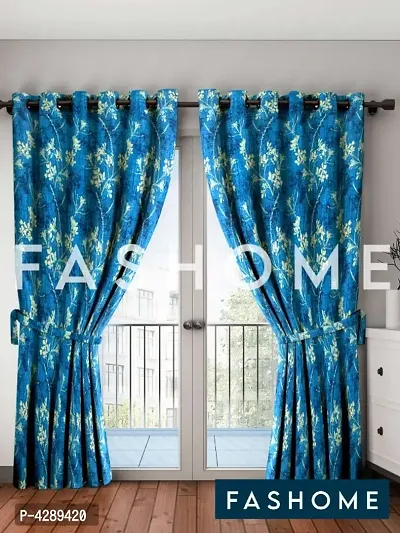 FasHome Blue Printed Polyester Eyelet Fitting Door Curtain - 7 Feet (Pack of 2)