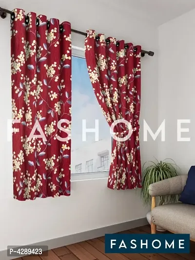 FasHome Maroon Printed Polyester Eyelet Fitting Windows Curtain - 5 Feet (Pack of 2)