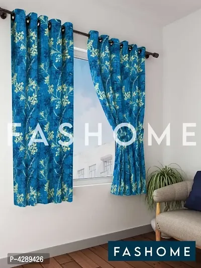 FasHome Blue Printed Polyester Eyelet Fitting Windows Curtain - 5 Feet (Pack of 2)